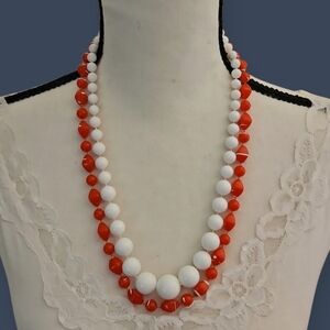 Vintage Set of Two Red and White Acrylic Graduated Beaded Necklaces